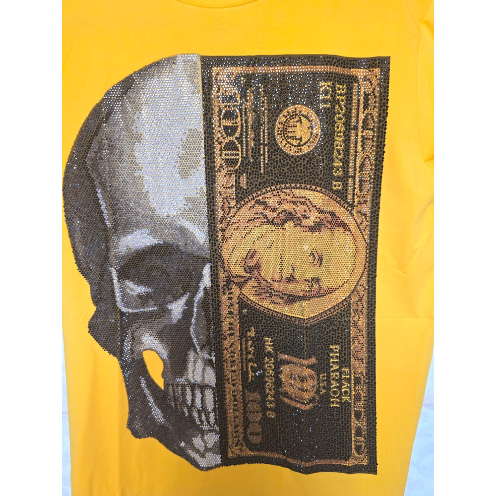 Black Pharaoh Mens Medium Yellow Skull $100 Bill Rhinestone Graphic Tee NWT - Picture 2 of 5